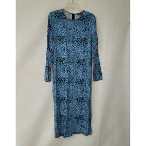 Primark Maxi Dress Womens 10 Long Sleeve Straight Viscose Blue Print Slit *Flaw